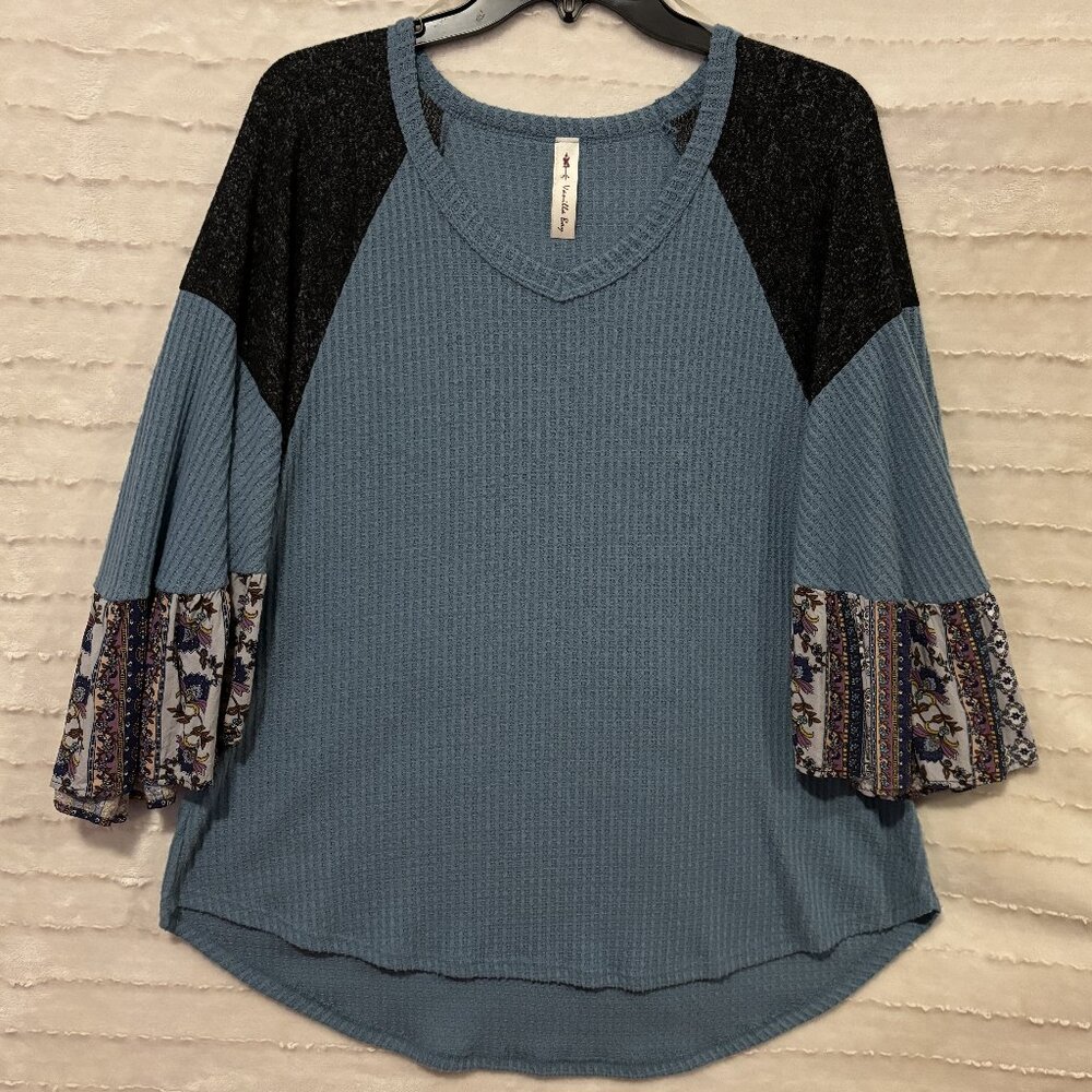 Vanilla Bay Waffle Knit Shirt, Blouse, Medium, Women’s Boutique Clothing, Blue